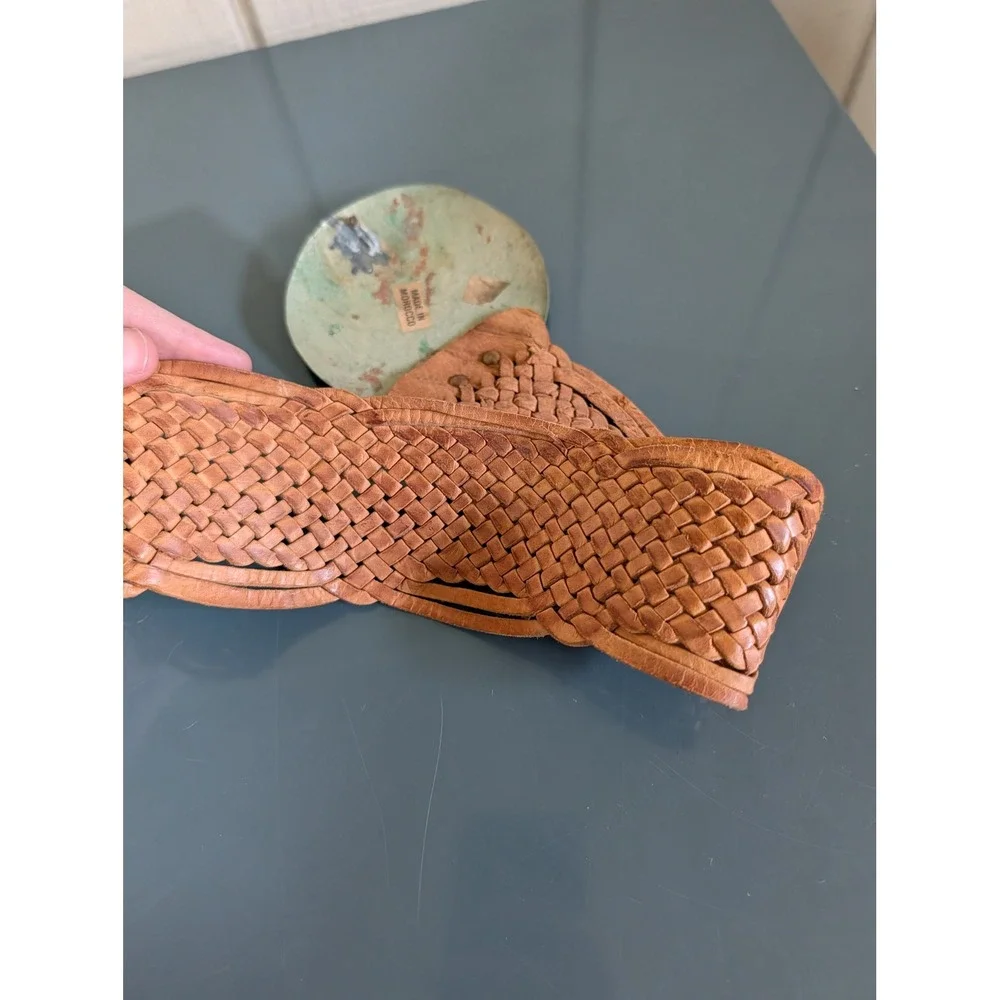Vintage Western Braided Leather Belt Tan Wide Woven Silver Medallion Concho